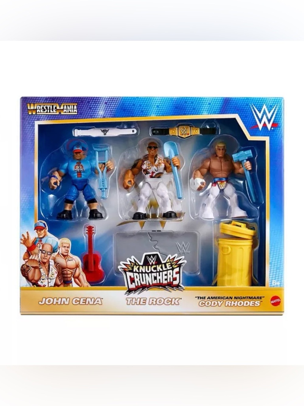 WWE Knuckle Crunchers 3 Action Figures with 8 Accessories - CENA, ROCK, RHODES